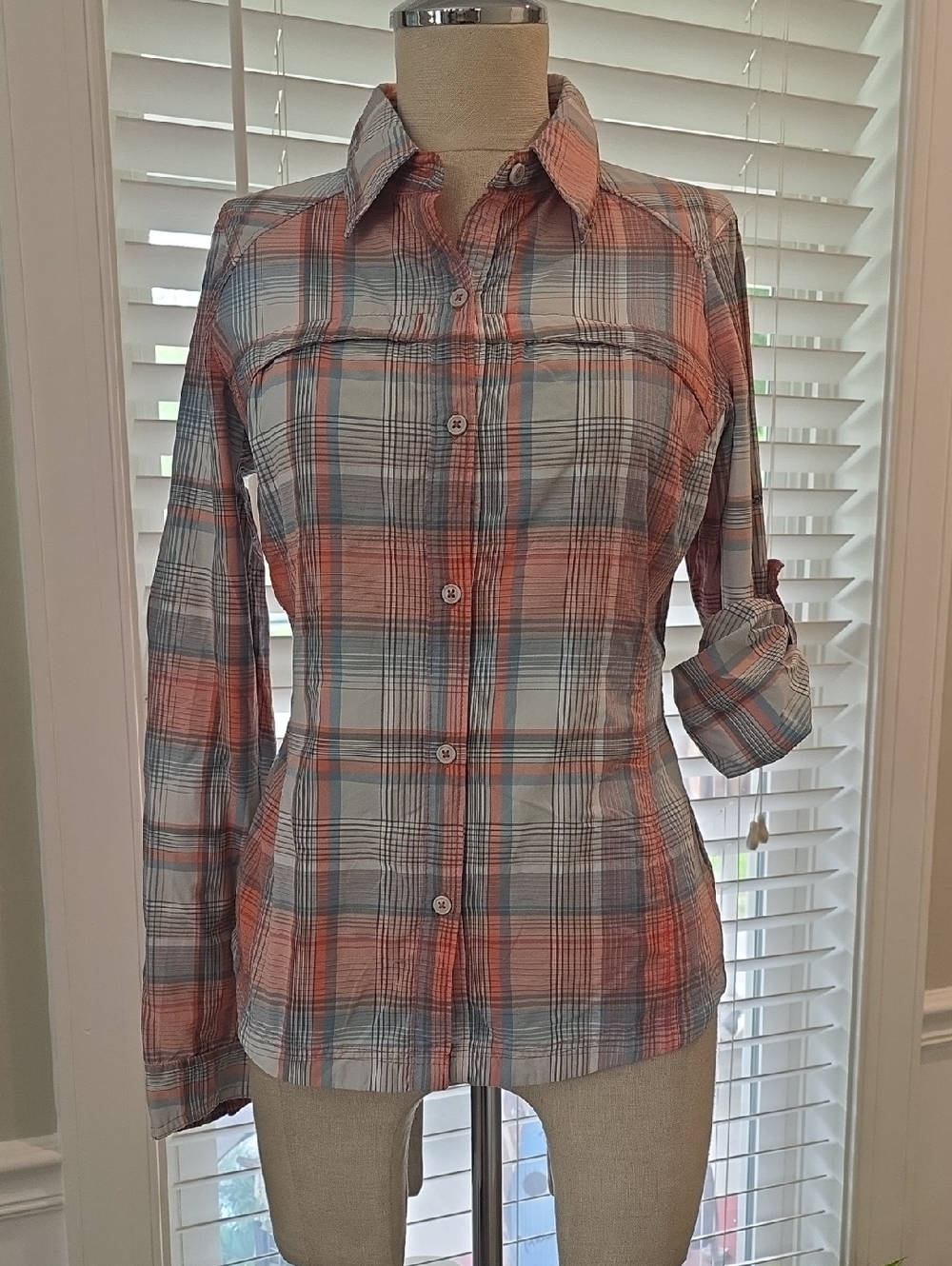 Columbia Coral and Gray Plaid Button-Down Shirt - Women's